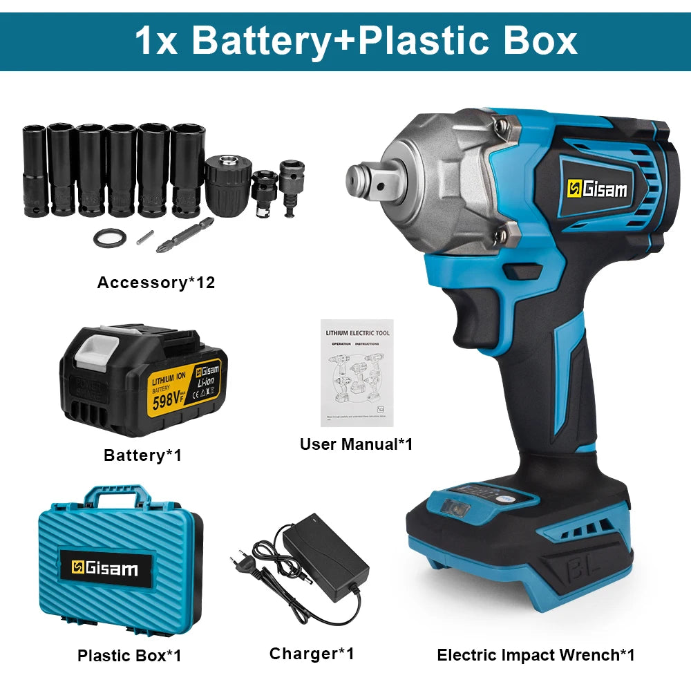 1200N.M Electric Impact Wrench, 1/2" Square Drive, Brushless, Gisam, Plastic Box + 12 Accessories