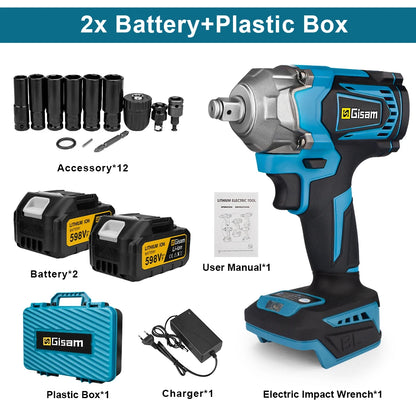 1200N.M Electric Impact Wrench, 1/2" Square Drive, Brushless, Gisam, Plastic Box + 12 Accessories