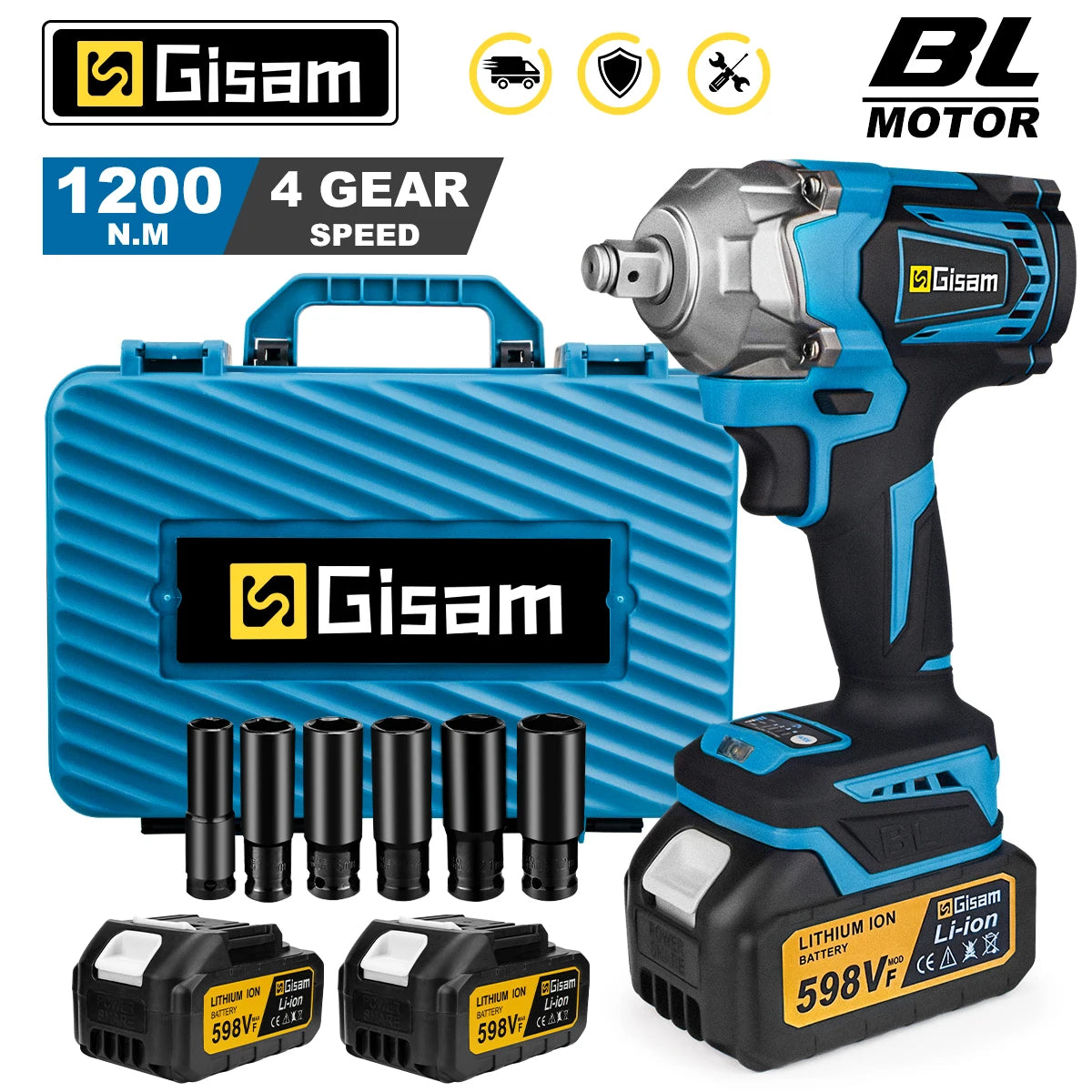 1200N.M Electric Impact Wrench, 1/2" Square Drive, Brushless, Gisam, Plastic Box + 12 Accessories