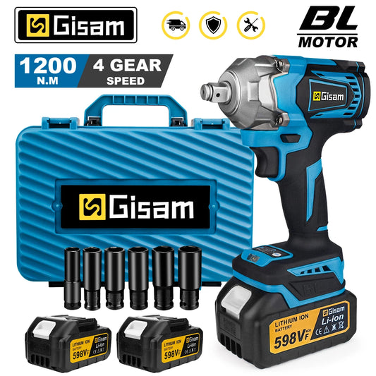 1200N.M Electric Impact Wrench, 1/2" Square Drive, Brushless, Gisam, Plastic Box + 12 Accessories