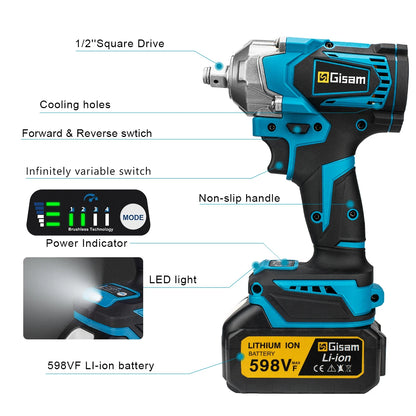 1200N.M Electric Impact Wrench, 1/2" Square Drive, Brushless, Gisam, Plastic Box + 12 Accessories