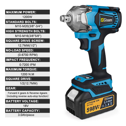 1200N.M Electric Impact Wrench, 1/2" Square Drive, Brushless, Gisam, Plastic Box + 12 Accessories